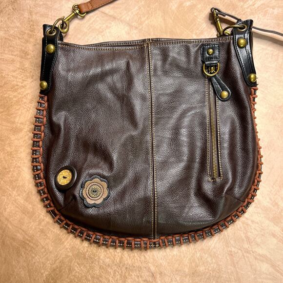 Chala Faux Pebbled Leather Whipstitch Floral Button Shoulder Bag Purse Boho Y2K - Picture 2 of 9